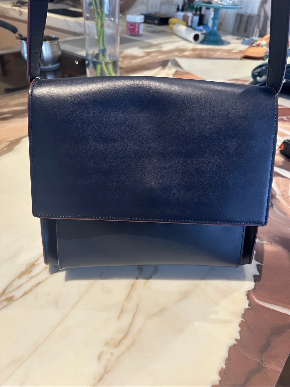 & Other Stories Navy Leather Messenger/Satchel Bag with Brown Trim